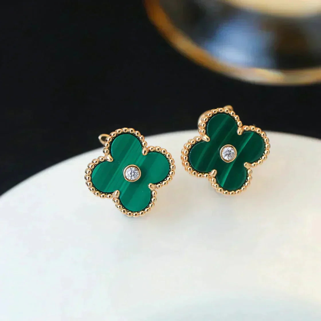 [Max Jewelry ]CLOVER MEDIUM 1 MOTIFS MALACHITE DIAMOND EARRINGS