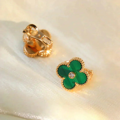 [Max Jewelry ]CLOVER MEDIUM 1 MOTIFS MALACHITE DIAMOND EARRINGS