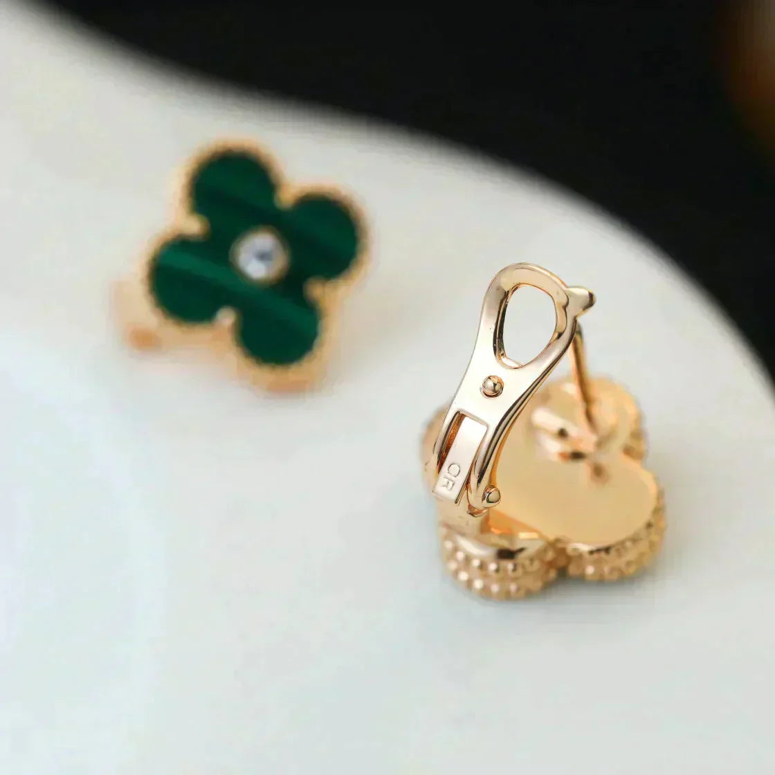[Max Jewelry ]CLOVER MEDIUM 1 MOTIFS MALACHITE DIAMOND EARRINGS