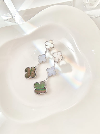 [Max Jewelry ]CLOVER 3 MOTIFS CHALCEDONY DARK MOP SILVER EARRINGS