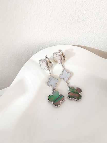 [Max Jewelry ]CLOVER 3 MOTIFS CHALCEDONY DARK MOP SILVER EARRINGS
