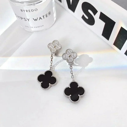 [Max Jewelry ]CLOVER 2 MOTIFS  DIAMOND ONYX EARRINGS SILVER