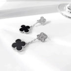 [Plus&Max]CLOVER 2 MOTIFS  DIAMOND ONYX EARRINGS SILVER