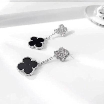 [Max Jewelry ]CLOVER 2 MOTIFS  DIAMOND ONYX EARRINGS SILVER