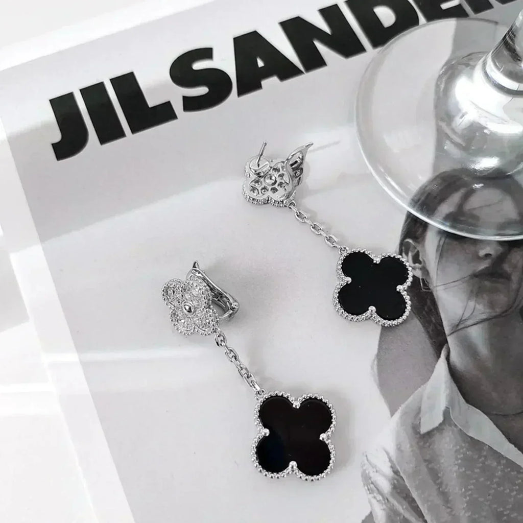 [Plus&Max]CLOVER 2 MOTIFS  DIAMOND ONYX EARRINGS SILVER