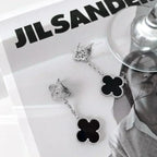 [Plus&Max]CLOVER 2 MOTIFS  DIAMOND ONYX EARRINGS SILVER