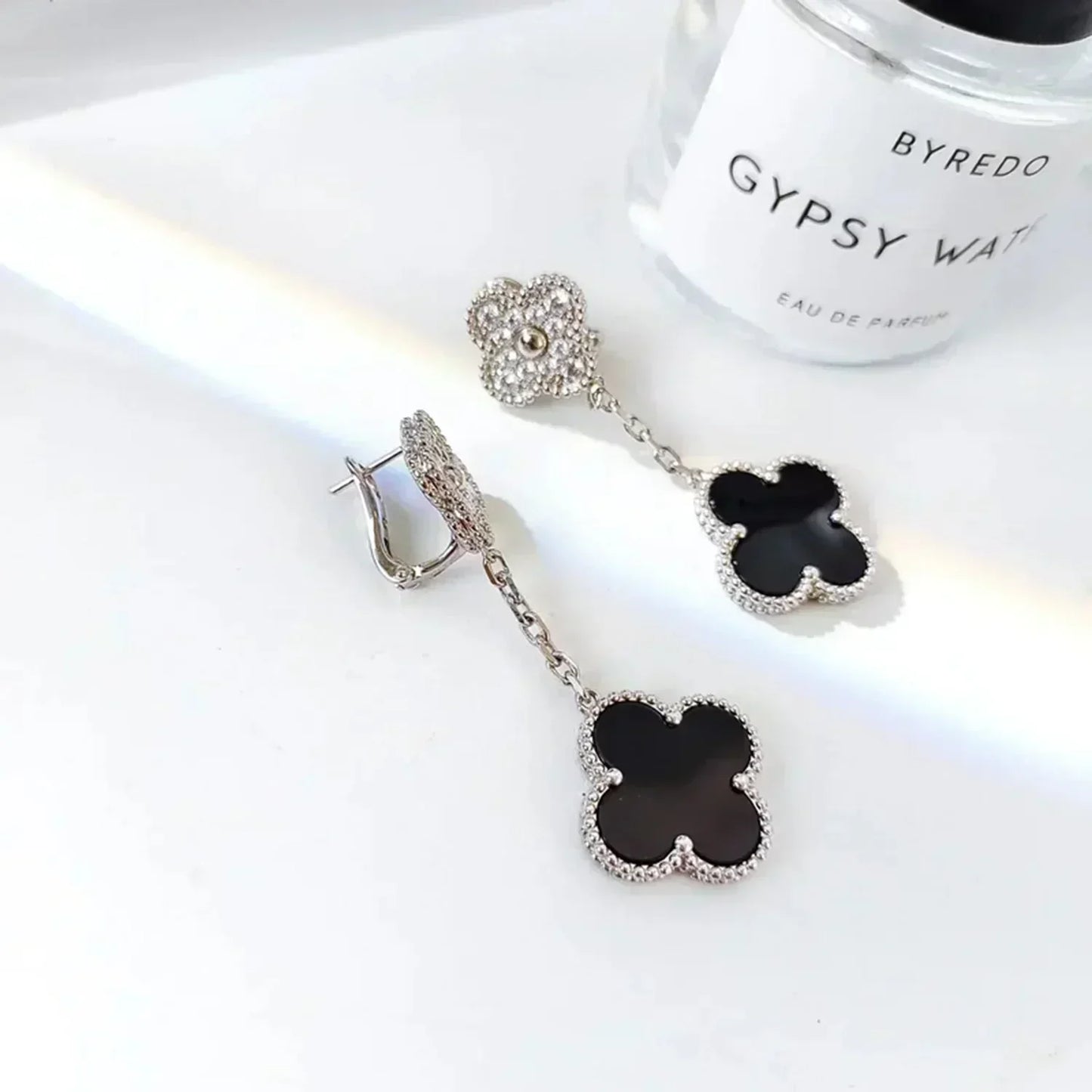 [Max Jewelry ]CLOVER 2 MOTIFS  DIAMOND ONYX EARRINGS SILVER