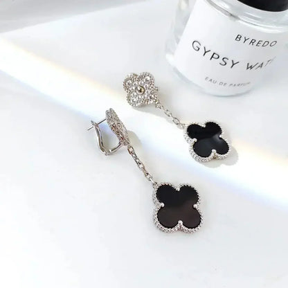 [Max Jewelry ]CLOVER 2 MOTIFS  DIAMOND ONYX EARRINGS SILVER