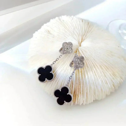 [Max Jewelry ]CLOVER 2 MOTIFS  DIAMOND ONYX EARRINGS SILVER