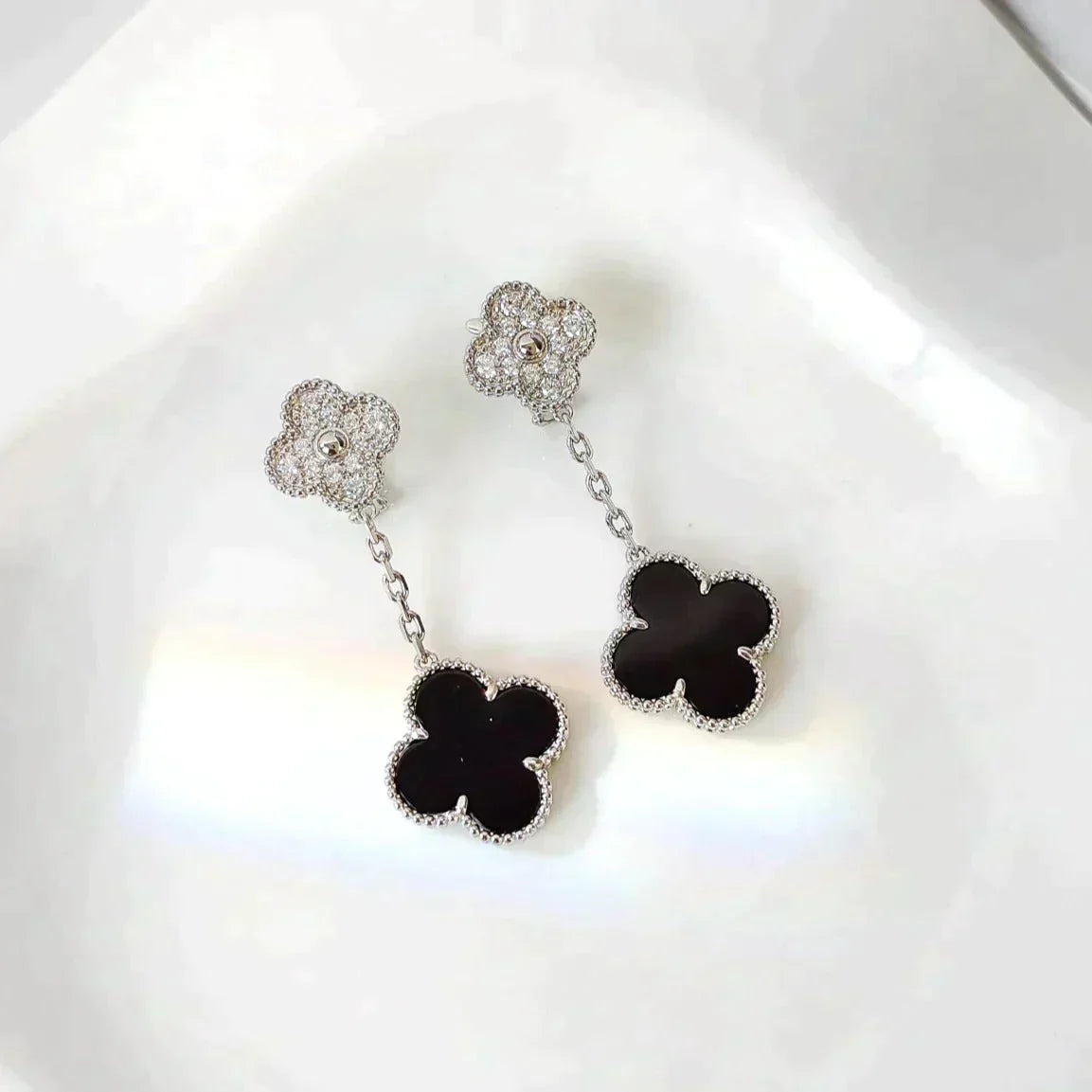 [Max Jewelry ]CLOVER 2 MOTIFS  DIAMOND ONYX EARRINGS SILVER