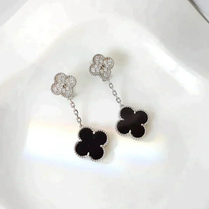 [Max Jewelry ]CLOVER 2 MOTIFS  DIAMOND ONYX EARRINGS SILVER