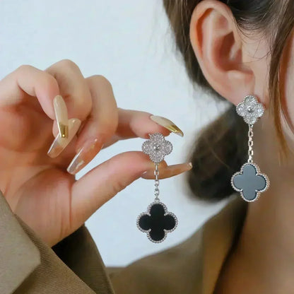 [Max Jewelry ]CLOVER 2 MOTIFS  DIAMOND ONYX EARRINGS SILVER