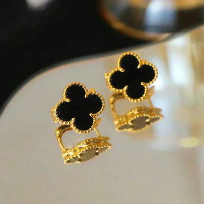 [Max Jewelry ]CLOVER MEDIUM 1 MOTIFS  ONYX STUD EARRINGS