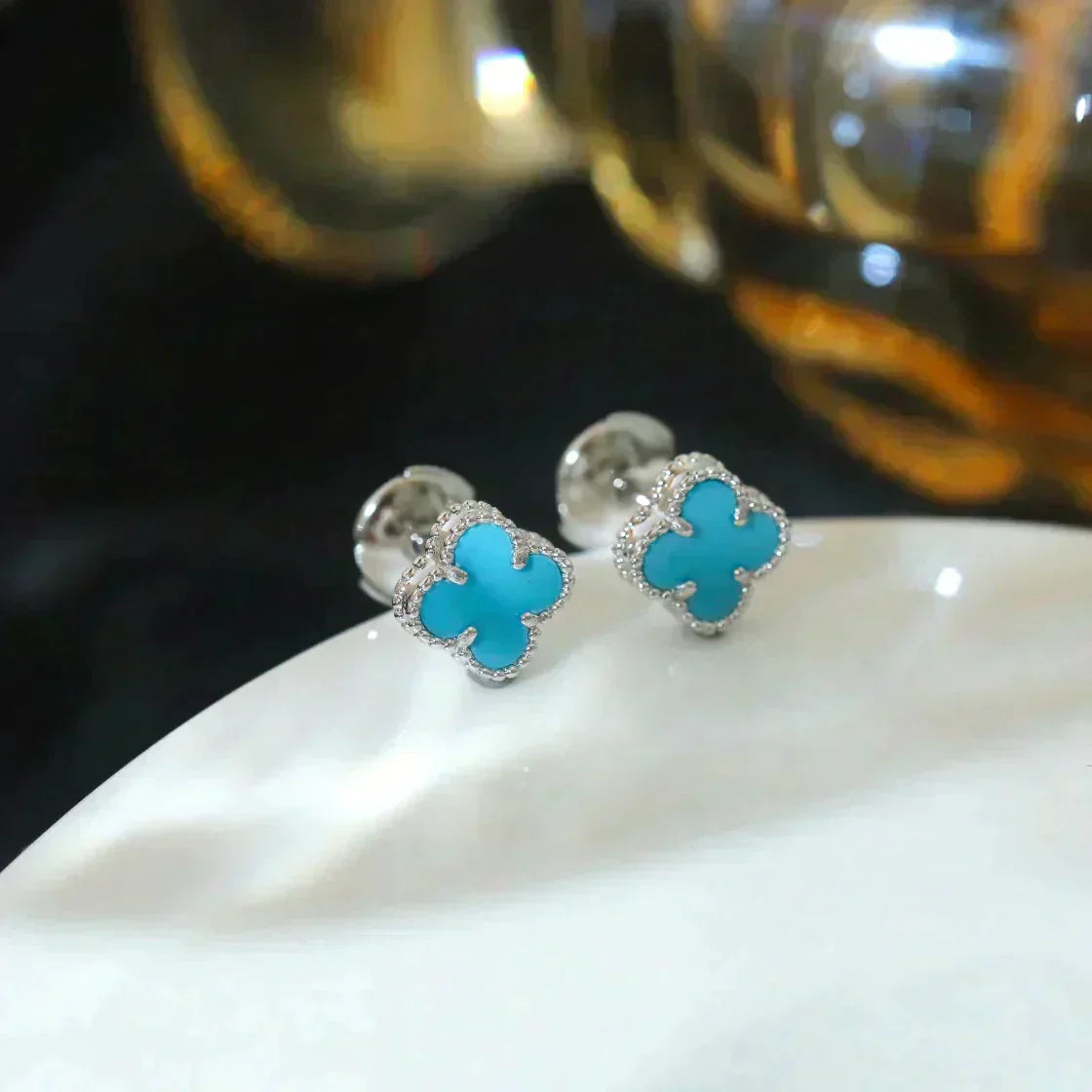 [Max Jewelry ]CLOVER MINI 9.5MM ONYX STUD EARRINGS SILVER