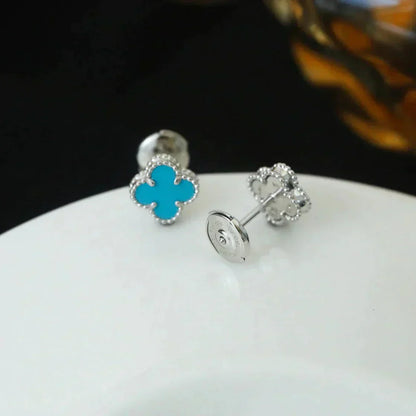 [Max Jewelry ]CLOVER MINI 9.5MM ONYX STUD EARRINGS SILVER