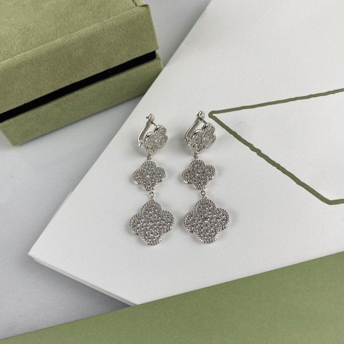 [Max Jewelry ]CLOVER 3 MOTIF DIAMOND SILVER DROP EARRINGS