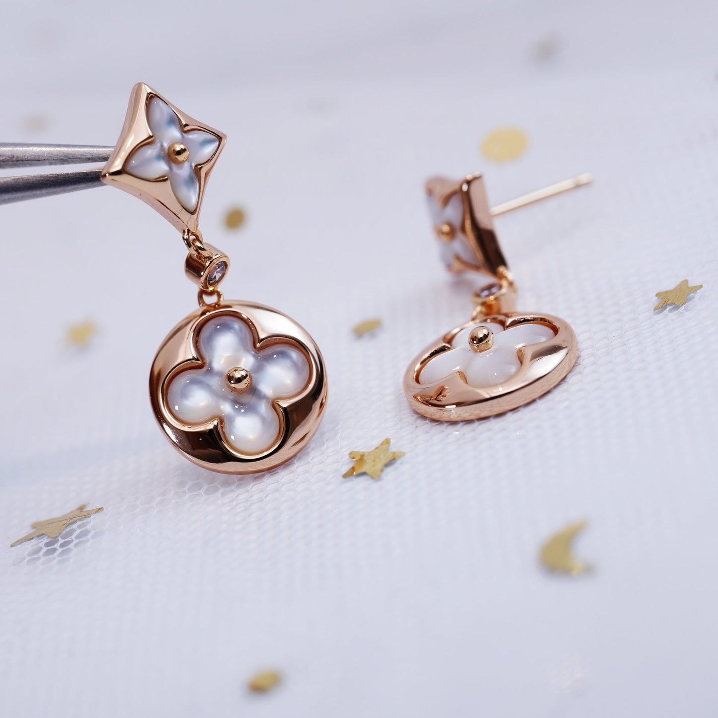 [Max Jewelry ]STAR AND SUN PINK GOLD MOP DROP EARRINGS