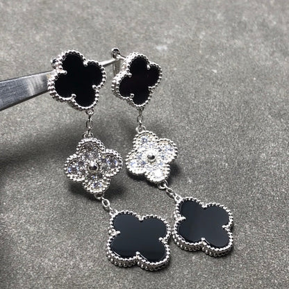 [Max Jewelry ]CLOVER 3 MOTIF DIAMOND ONYX SILVER EARRINGS