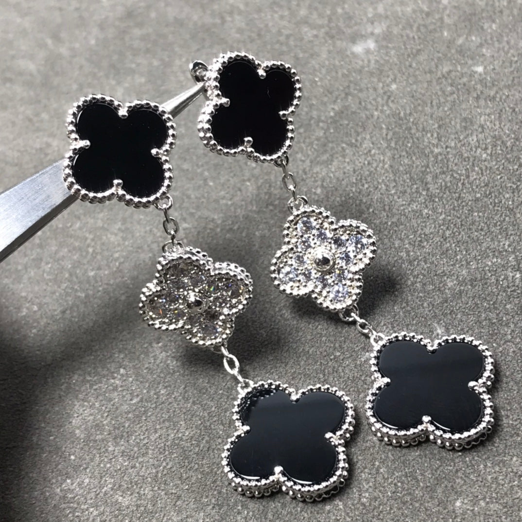 [Max Jewelry ]CLOVER 3 MOTIF DIAMOND ONYX SILVER EARRINGS