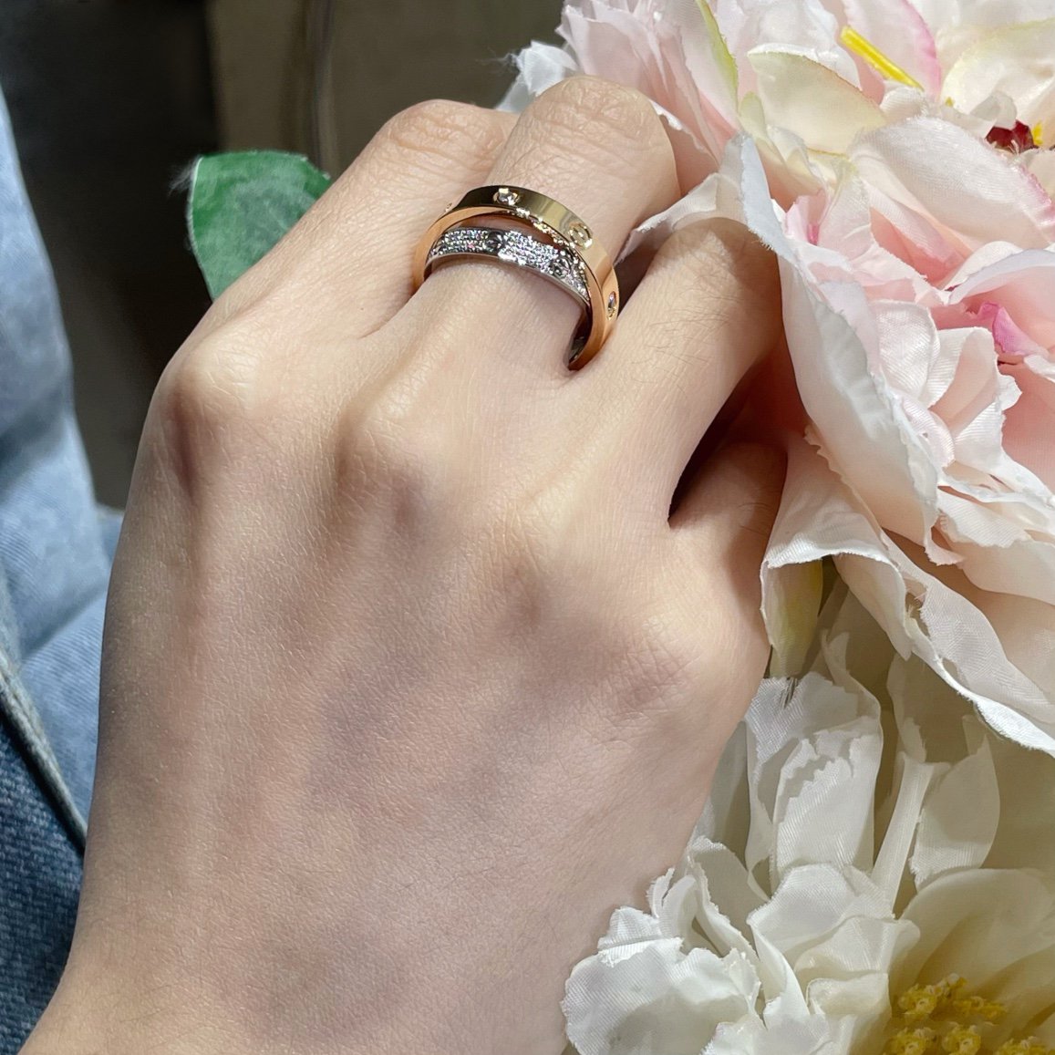 [Max Jewelry ]LOVE PINK GOLD SILVER DIAMOND DOUBLE RING