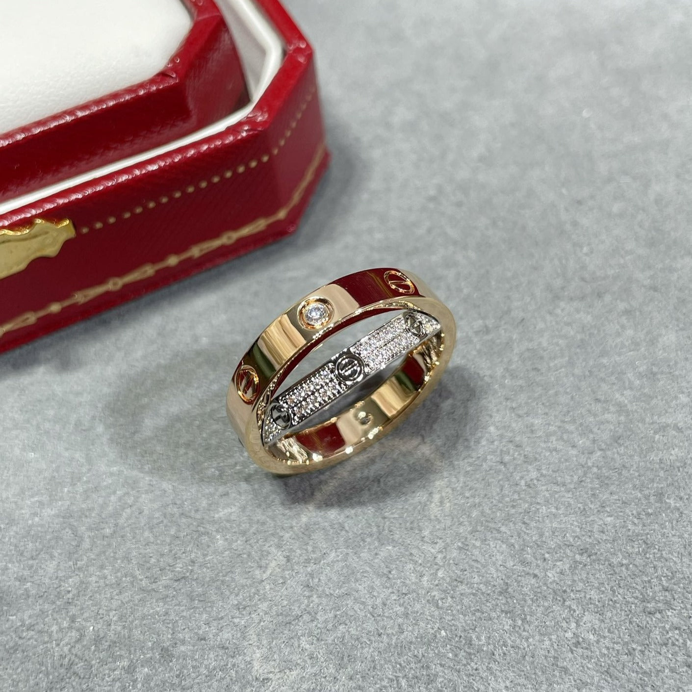 [Max Jewelry ]LOVE PINK GOLD SILVER DIAMOND DOUBLE RING