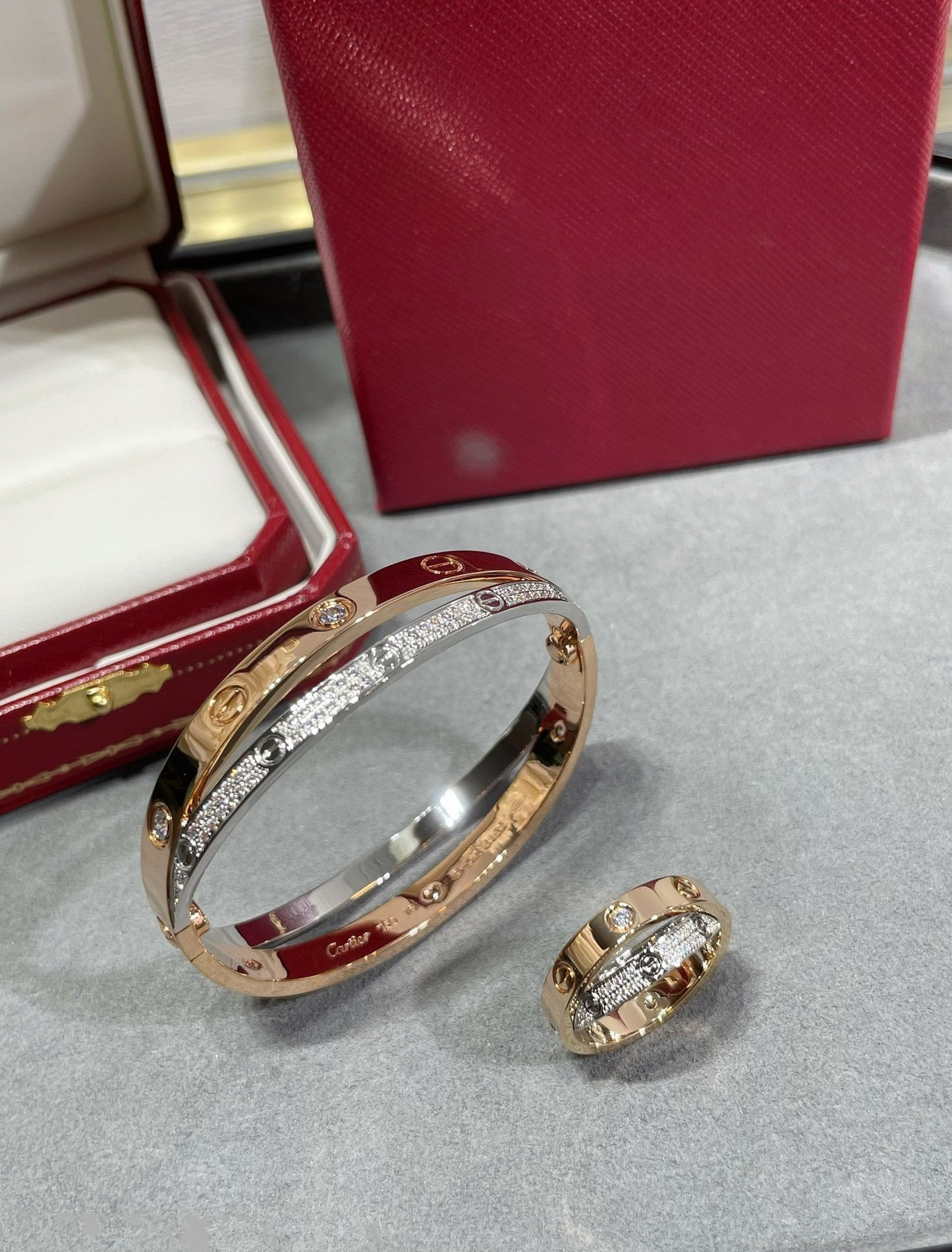 [Max Jewelry ]LOVE PINK GOLD SILVER DIAMOND DOUBLE RING