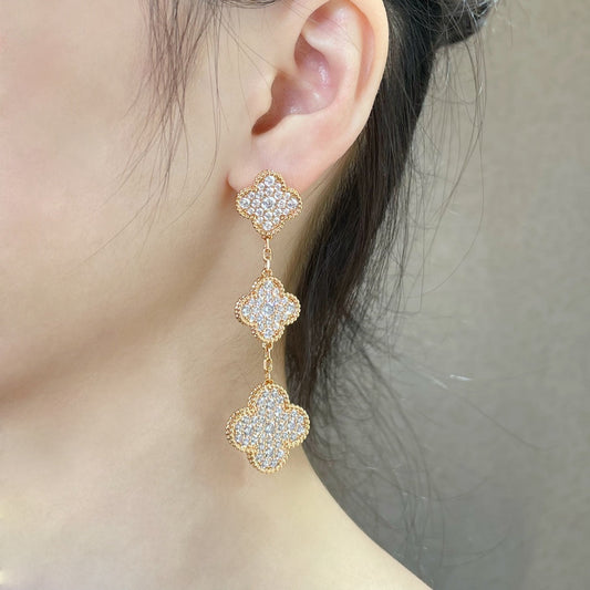 [Max Jewelry ]CLOVER 3 MOTIFS DIAMOND PAVED ROSE GOLD EARRINGS