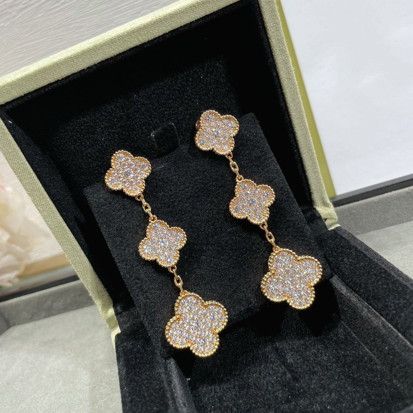 [Max Jewelry ]CLOVER 3 MOTIFS DIAMOND PAVED ROSE GOLD EARRINGS