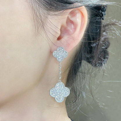 [Max Jewelry ]CLOVER 2 MOTIFS DIAMOND PAVED SILVER EARRINGS