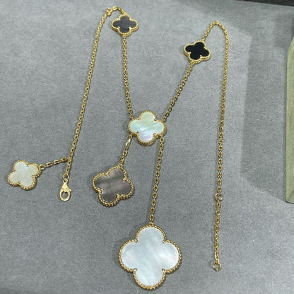 [Max Jewelry ]CLOVER 6 MOTIF MOP ONYX GOLD NECKLACE