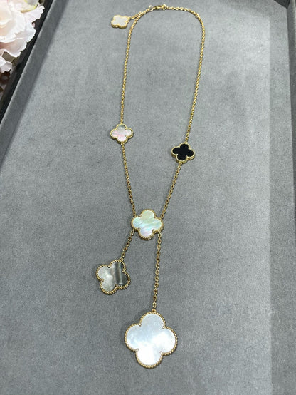 [Max Jewelry ]CLOVER 6 MOTIF MOP ONYX GOLD NECKLACE