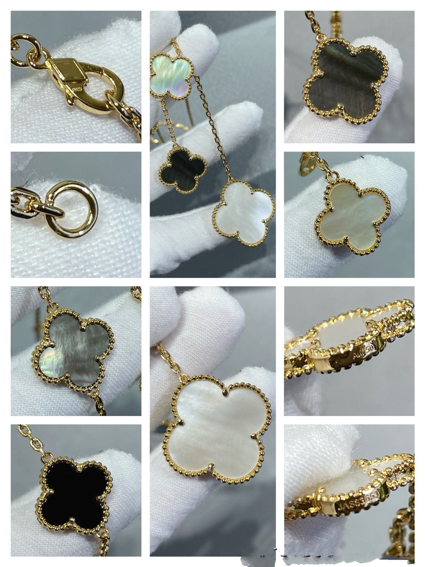 [Max Jewelry ]CLOVER 6 MOTIF MOP ONYX GOLD NECKLACE