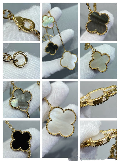 [Max Jewelry ]CLOVER 6 MOTIF MOP ONYX GOLD NECKLACE