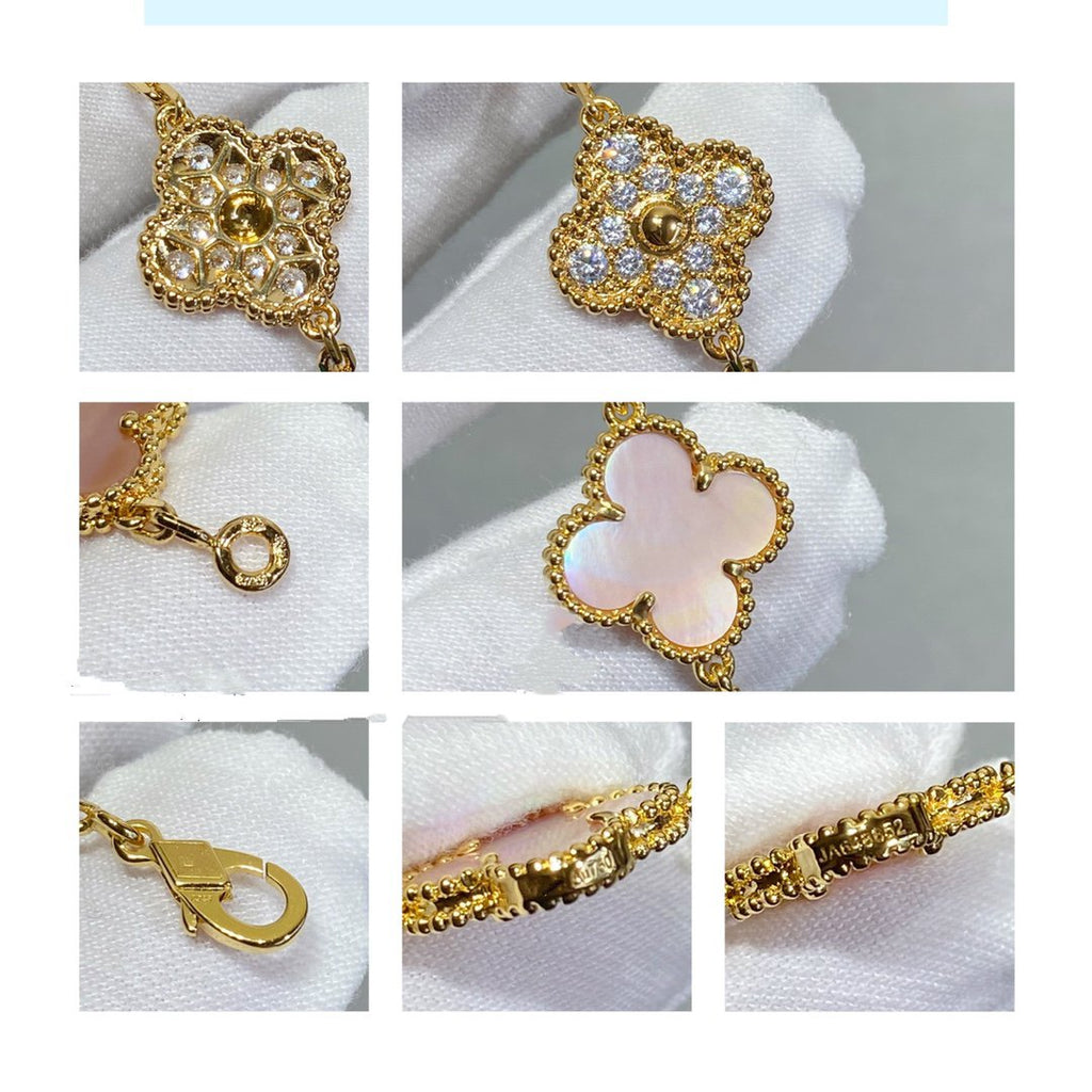 [Plus&Max]CLOVER 5 MOTIF DIAMOND PINK MOP PINK GOLD BRACELET