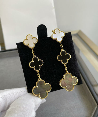 [Max Jewelry ]CLOVER 3 MOTIF MOP ONYX DARK MOP PINK GOLD EARRINGS