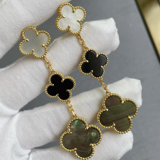 [Max Jewelry ]CLOVER 3 MOTIF MOP ONYX DARK MOP PINK GOLD EARRINGS