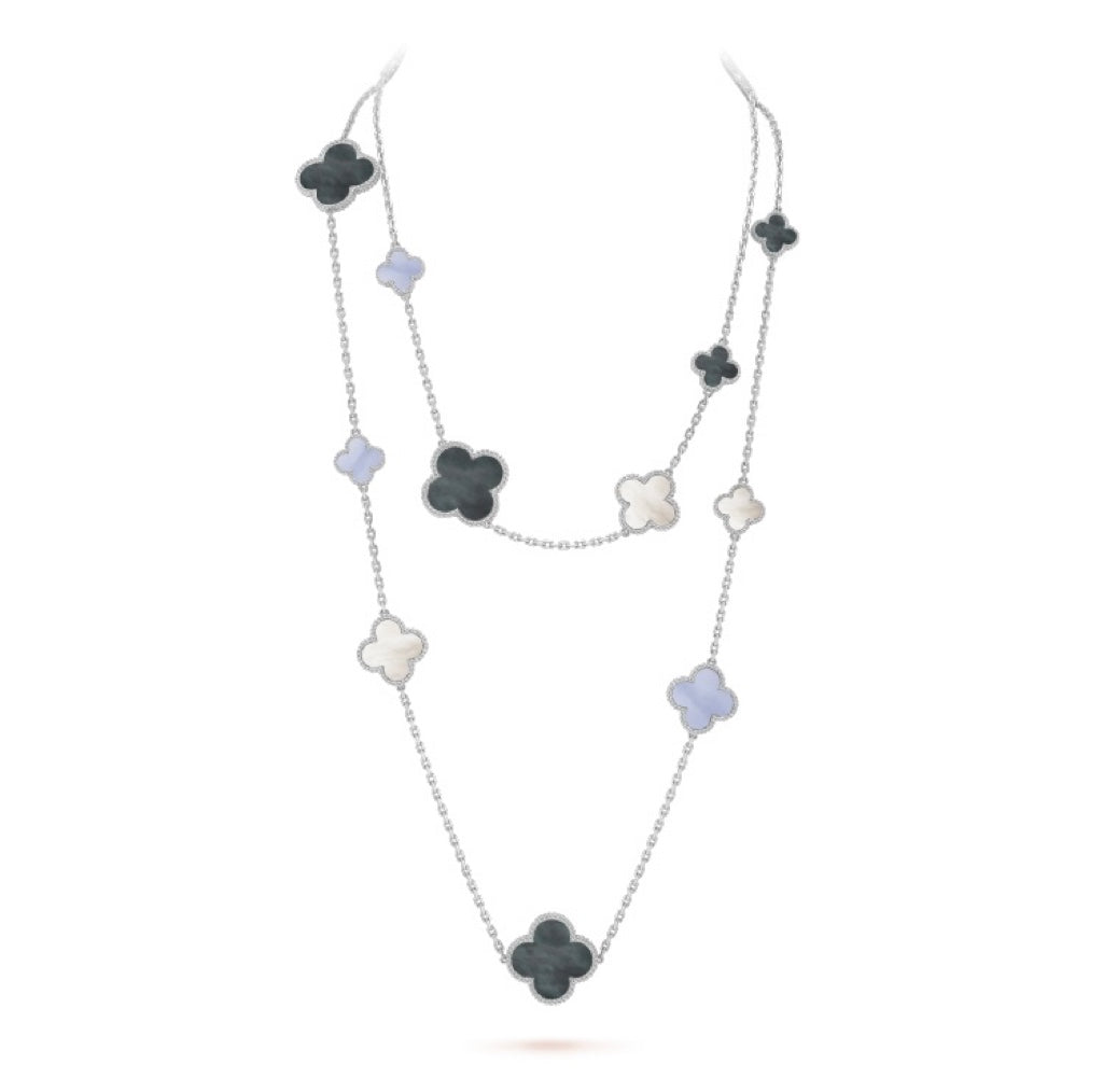 [Max Jewelry ]CLOVER 16 MOTIF CHALCEDONY MOP SILVER NECKLACE