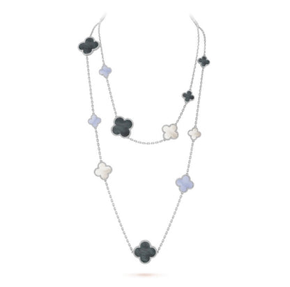 [Max Jewelry ]CLOVER 16 MOTIF CHALCEDONY MOP SILVER NECKLACE