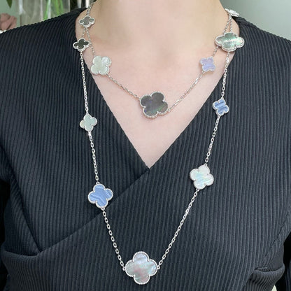 [Max Jewelry ]CLOVER 16 MOTIF CHALCEDONY MOP SILVER NECKLACE