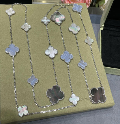 [Max Jewelry ]CLOVER 16 MOTIF CHALCEDONY MOP SILVER NECKLACE