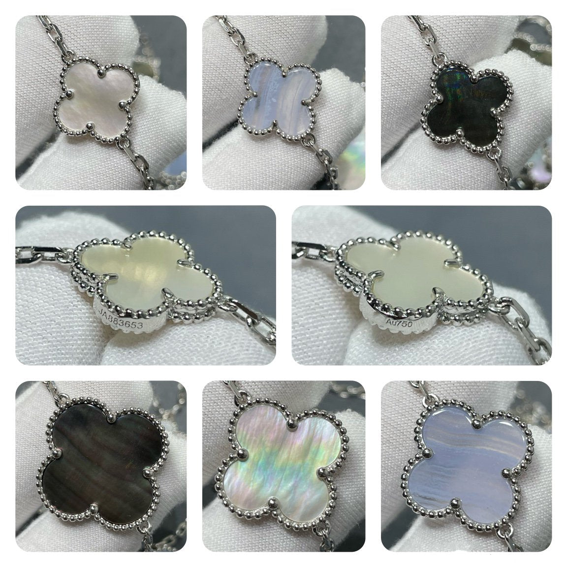 [Max Jewelry ]CLOVER 16 MOTIF CHALCEDONY MOP SILVER NECKLACE
