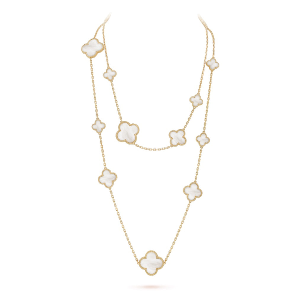 [Max Jewelry ]CLOVER 16 MOTIF WHITE MOP GOLD NECKLACE