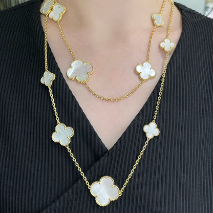 [Max Jewelry ]CLOVER 16 MOTIF WHITE MOP GOLD NECKLACE
