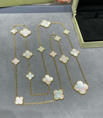 [Max Jewelry ]CLOVER 16 MOTIF WHITE MOP GOLD NECKLACE