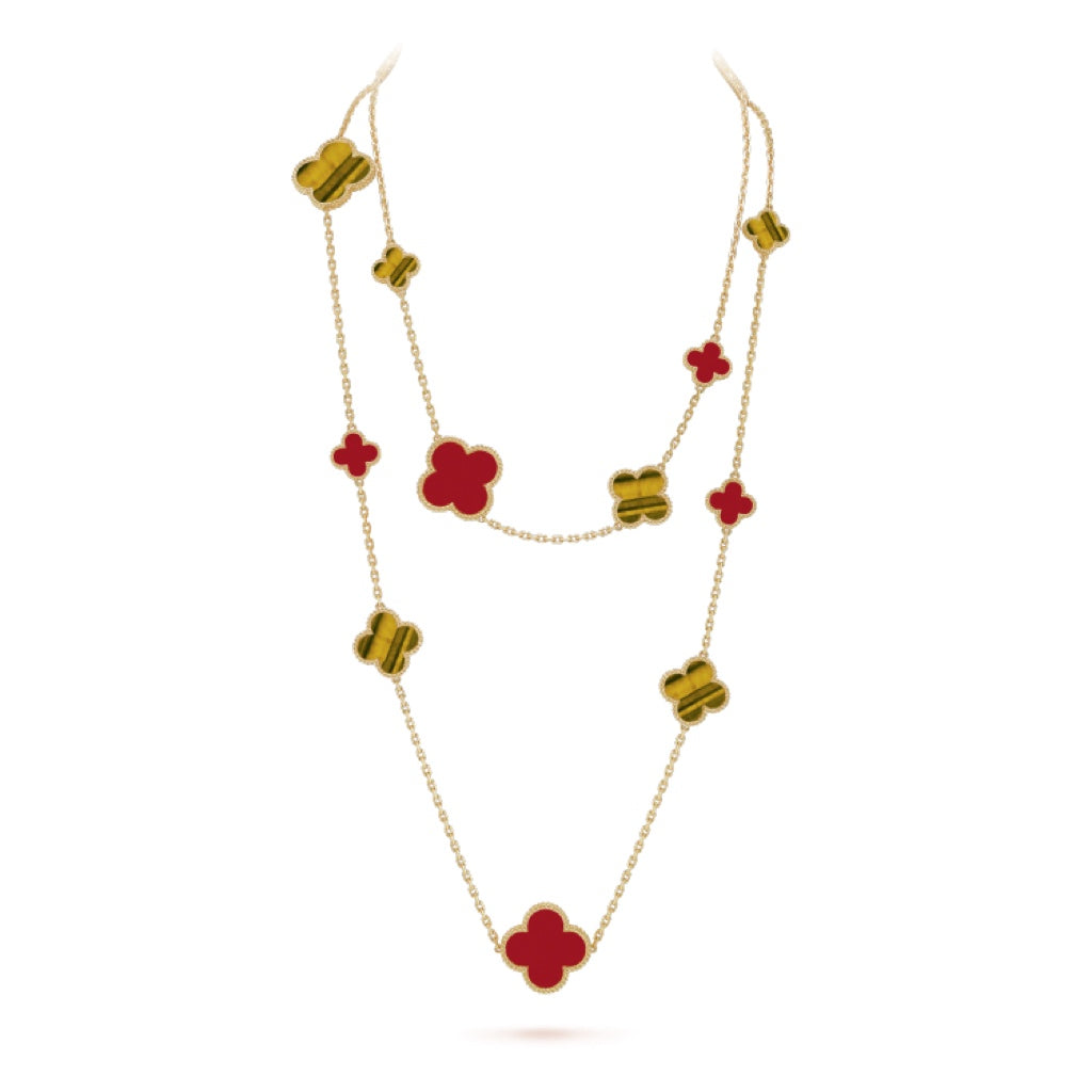 [Max Jewelry ]CLOVER 16 MOTIF CARNELIAN TIGER EYE ROSE GOLD NECKLACE