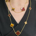 [Plus&Max]CLOVER 16 MOTIF CARNELIAN TIGER EYE ROSE GOLD NECKLACE