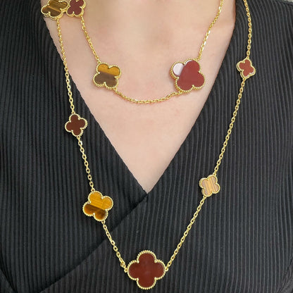 [Max Jewelry ]CLOVER 16 MOTIF CARNELIAN TIGER EYE ROSE GOLD NECKLACE