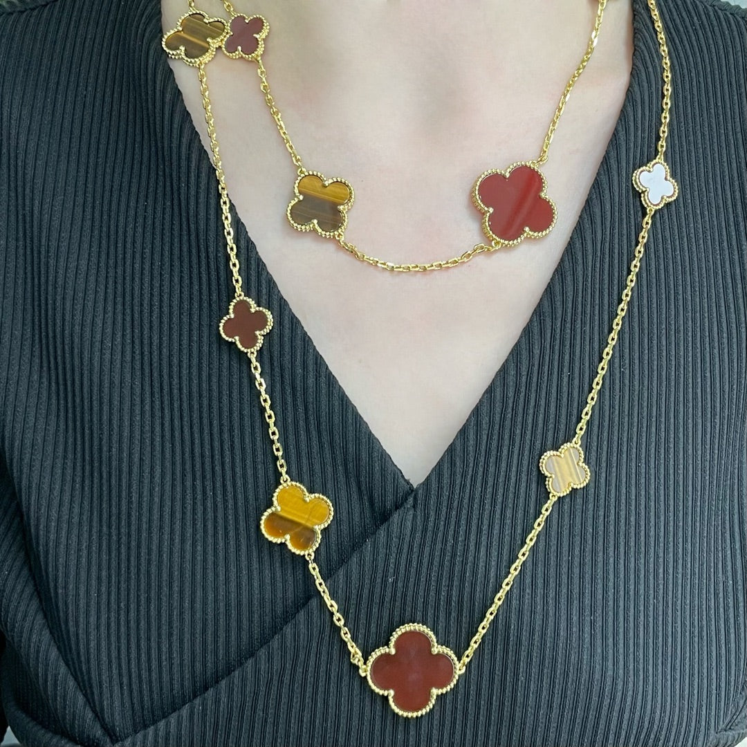 [Max Jewelry ]CLOVER 16 MOTIF CARNELIAN TIGER EYE ROSE GOLD NECKLACE