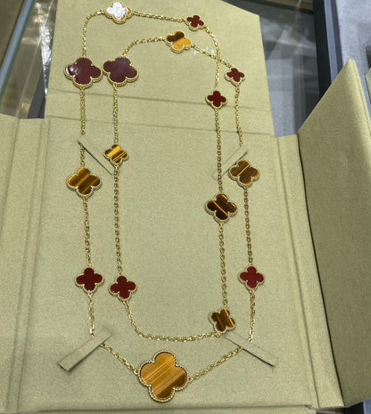 [Max Jewelry ]CLOVER 16 MOTIF CARNELIAN TIGER EYE ROSE GOLD NECKLACE