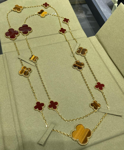 [Max Jewelry ]CLOVER 16 MOTIF CARNELIAN TIGER EYE ROSE GOLD NECKLACE